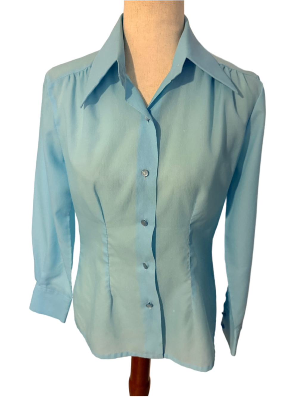 VTG 70s Kmart Polyester Blouse Blue Dagger Disco Collar Shirt sz 34 crisp